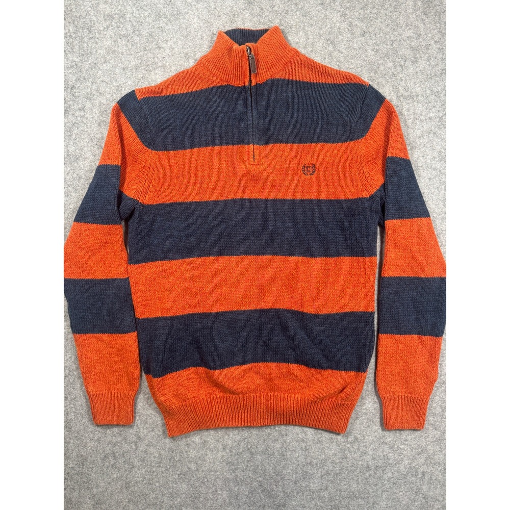 Chaps Mens Small Orange Navy Blue Striped Cotton Quarter Zip Pullover Sweater